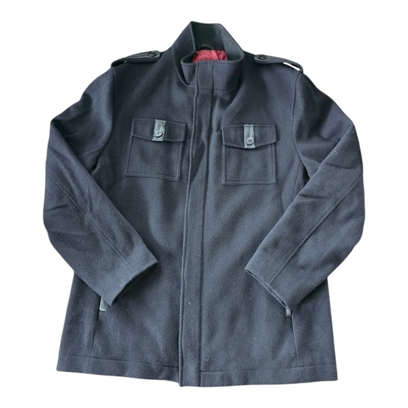 Murano Wool Blend Jacket Coat XL Men's Black Leather Trim Military Heavy 90s Y2k - Picture 1 of 16